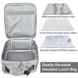 IWTTWY Insulated Lunch Bag Camo Cooler Bag Portable Carrying Lunch Box Bag for Boys Girls Women Men to School Office Outdoor (Camo Grey)