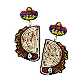 Large Seed Beaded Taco Dangle Earrings, Sombrero Earrings, Fiesta Earrings, Cinco De Mayo Earrings