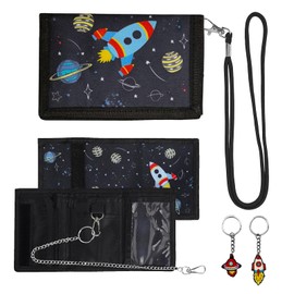 AYSYR Children's Wallet and Key Set, Children's Trifold, Neck Pouch with Zip, Coin Pocket, Wallet Boys Space Rocket, Wallet Girls with Photo Compartment, Metal Chain, multicoloured, Street trend