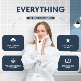 White Classic Luxury Cotton Washcloths 13x13 Inch - 650 GSM Turkish Cotton | Hotel, Spa, Bathroom Face Towel | 12 Pack