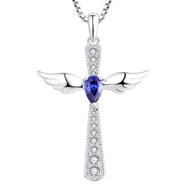 YL Angel wings cross necklace, 925 sterling silver 12 birthstone zirconia guardian angel pendant necklace for women, chain 45 + 3 cm, Silver, December, Tanzanite