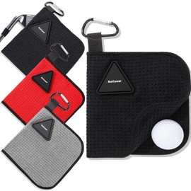 Batiyeer 3 Pack Small Magnetic Golf Towels Gift for Men 5.5 x 5.5 Inch Microfiber Waffle Material with Clip Pocket Golf Towel with Magnet for Carts Fall Camping Club Men Women(Black,Grey,Red)