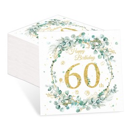 60 Stück Servietten 60 Geburtstag Mann Frau, Happy Birthday Servietten Eukalyptus, Deko 60 Geburtstags Mann Frau, 60 Geburtstags Deko für Mann