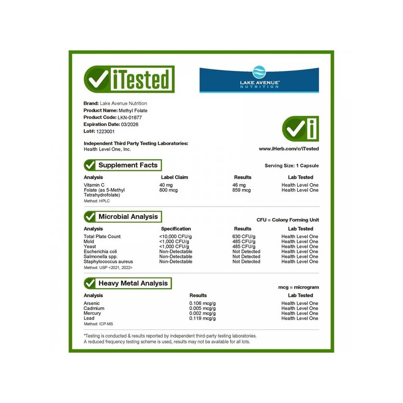 메틸엽산 800mcg 베지 캡슐 120정 Methyl Folate 800mcg Veggie Capsules