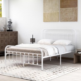 alazyhome Classic Metal Platform Full Size Bed Frame Mattress Foundation with Victorian Style Iron-Art Headboard Under Bed Storage No Box Spring Needed White