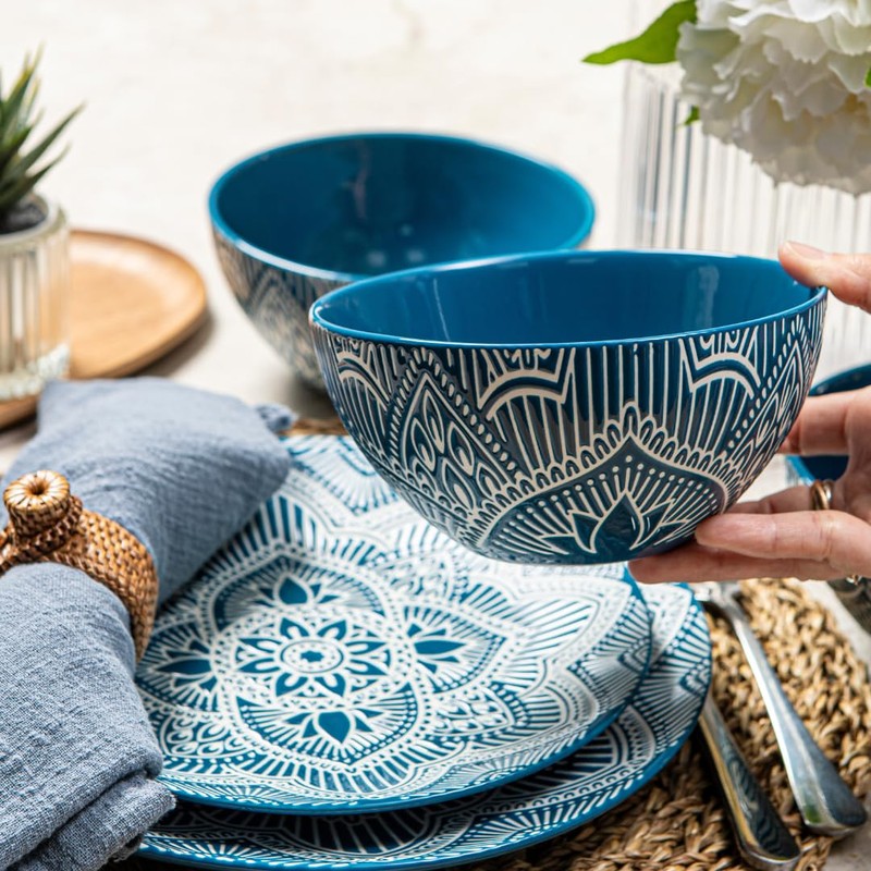 Bzyoo 12-Piece Ceramic Dinnerware Set: La La Mandala Blue Dish