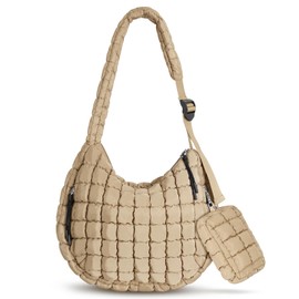 Puffer Tote Bag Quilted Carryall Bag Adjustable Shoulder Strap Puffy Hobo Bag Crossbody Bag for Women with Detachable Pouch (Khaki), Khaki