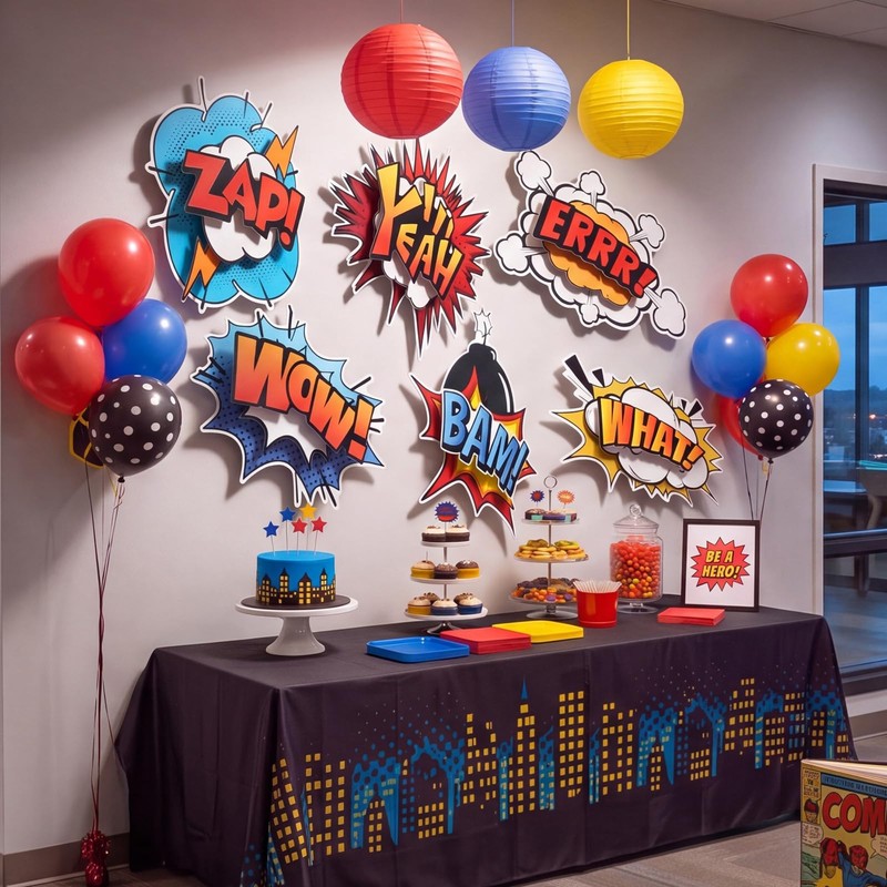 6 Pcs Hero Party Decor 3D Multilayer Comic Action Cutouts,