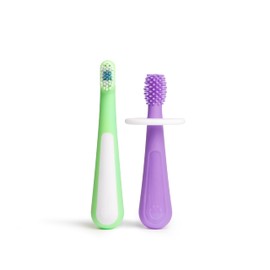 Ubbi Grow with Me Toothbrush Training Set for Babies and Toddlers, Includes One 360° Food-Grade Platinum Silicone and One Soft Bristled Toothbrush, Purple and Zest Green