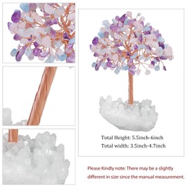 SUNYIK Handmade Amethyst Rose Quartz Aquamarine Money Tree Set on Rock Quartz Cluster Base, Wire Wrapped Tree of Life Polished Chip Stones Tree Decor Statue Home Office Window