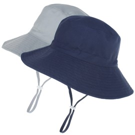 Mini angel Kids Sun Hat Kids Summer UPF 50+ Sun Protection Beach Wide Brim 6-12 Years Boy Girl Bucket Hat 2 Pcs (Solid Navy+Grey,L)