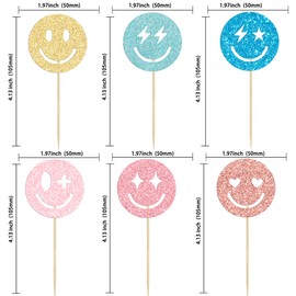 Gyufise 24Pcs Preppy Smile Face Cupcake Toppers Glitter Star Lightning Y2k 2000s Pink Party Bachelorette Cupcake Picks for Preppy Y2k Theme Bachelorette Birthday Party Supplies Colorful 1