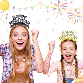 LCPQMZGH 30 Pcs New Year Eve Party Supplies 2025, 12 Happy New Year Headbands, 18 Metallic Fringed Noise Makers for 2025 New Years Party Favor Supplies, Gold, Silver, Black