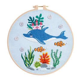 Meecaa Blue Dolphin Embroidery Kit, Seaweed, Fish Embroidery Kit, Hand Embroidery Kit, Patterned Cross Stitch Kit for Beginners and Adults, with Embroidery Hoop and Instructions (Blue)