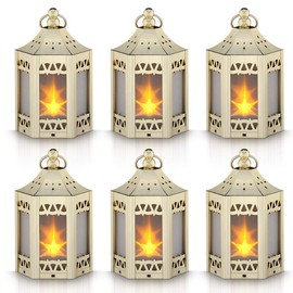 Mini Star Lantern with Flickering LED,CR2032 Battery Included,Decorative Hanging Lantern,Christmas Decorative Lantern,Indoor Candle Lantern,Battery Lantern Indoor Use,Zkee(Set of 6 Golden)