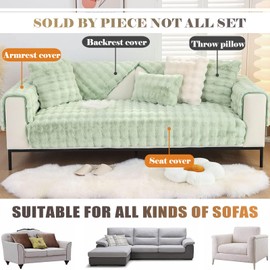 XSlive Soft Warm Faux Fur Couch Sofa Cover Thick Shaggy Fuzzy Sectional Couch Cover Non-Slip Solid Color Plush Sofa Slipcover Furniture Protector for Kids, Pets (Light Green,28"x47")
