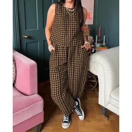Xfileen Women's Summer 2 Piece Outfits Plaid Crop Tank Top High Waisted Baggy Ankle Barrel Pants Gingham Lounge Set Khaki