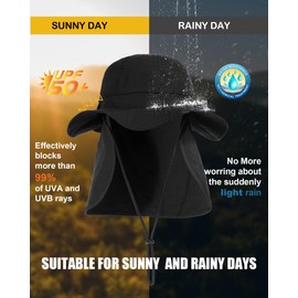 SHINCHIC Waterproof Womens UPF50+ Sun Hat with Removable Neck Flap Mens UV Protection Mesh Hat Wide Brim Safari Fishing Rain Hat Black