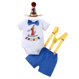 Vivifayee Baby Boy First Birthday Outfit - Short Sleeve Bowtie Rompers Shorts Set With Suspenders and Hat - One Year Old Clothes