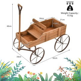 Aurcs Wooden Wagon Planter, Garden Wagon Cart Planter Pot Stand w/ 2 Planting Section, Adjustable Handle, Rolling Wheels, Planter Box Display for Succulent, Flowers, Vegetables (Natural)