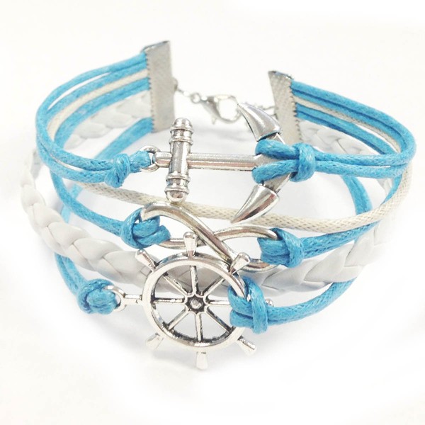 Wrapables Vintage Leather Rope Infinity Bracelet – Anchor, Infinity, Ship’s Wheel, Blue