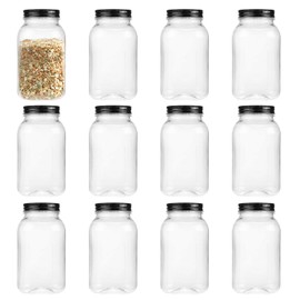 OMNISAFE 32 Ounce Clear Plastic Mason Jars With Screw On Lid, Reusable Empty Jars for Food Storage, Round BPA Free Containers for Sealing, Dry Food, Snacks, Candies, Breakage-proof, (Black - 12 Pack)