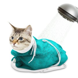 Catcan Breathable Mesh Shower Bag - Anti Scratch Adjustable Grooming for Nail Trimming, Bathing - Polyester Soft Cat Washing (White-Green)