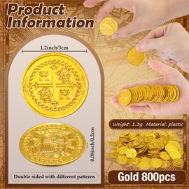 Hanaive 800 Pcs Plastic Pirate Coins Gold Treasure Coins Spanish Doubloon Fake St. Patricks Toy Coin for Kids Board Games Pirate Party Cosplay Teachers Classroom Reward (Gold)