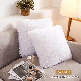XeGe Faux Fur Throw Pillow Covers, Shaggy Fluffy Cushion Covers, Plush Furry Pillow Cases, Fuzzy Decorative Pillow Shams with Zipper Set of 2 for Sofa Bed Couch Living Room (18''x18'', White)
