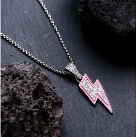 Power Energy Sports Boys Baseball Iced CZ Pink Lightning Bolt Pendant + Silver Plated Chain Necklace