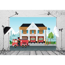 Loccor 7x5ft Fabric Cartoon City Fire Station Backdrop Fire Department Building Firetruck Theme Party Photography Background for Kids Firefighter Theme Birthday Party Decorations Photo Studio Props