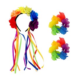 1 Rainbow Rose Headband, 1 Pair Rainbow Bracelets, Flower Streamer Headband, Rose Tiara, Pride Party Decorations, Rainbow Flower Crown Tiara