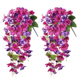 Artificial Hibiscus Fake Hanging Flowers Plants for Outdoors Spring Decoration, 2pcs Faux Silk Outside Hibiscus Long Trailing Vines Realistic UV Resistant for Front Door Planter Porch Patio Wedding