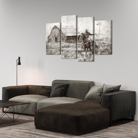 Artmyharbor 4 Panel Western Pictures of Barn Windwill Cowboy Horse in Field Canvas Print Farmhouse Painting Bedroom Home Decor 32"x48"
