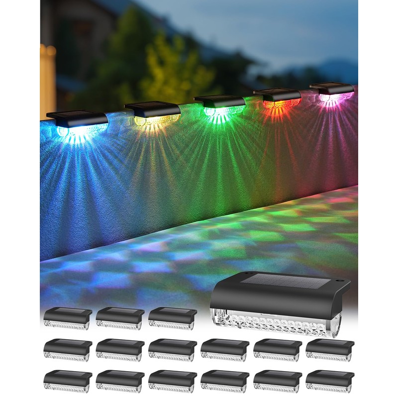Herzila 16 Pack Solar Deck Step Lights Outdoor,Color Changing Solar