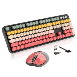 Wireless Keyboard and Mouse, MOFII 104 Round Keycaps Retro Typewriter with OTG & Brush, Full-Size Ergonomic, Ideal for Windows PC, Home, Office and College Rainbow Red