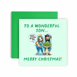 Huxters Christmas Cards for Men - Peas be with you Mary Jesus Christmas Son Christmas Card for him - Funny Holiday Card for Son Fun - 14.8cm (Son)