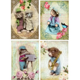 VINTAGE INSPIRED CAT STATIONERY SET GLOSSY BLANK IVORY ENVELOPES ORGANZA BAG