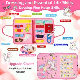 Esjay Toddler Busy Board, Montessori Toys for 1 2 3 4 Year Old, Sensory Activity Board Toy for Fine Motor Skills Learning, Gifts for Girls Boys, Toys for Travel Airplane Car(Pink MultiPage)