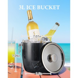 Golden Cudgel 3 Liters Ice Bucket, Double Wall Stainless Steel, Insulated Ice Bucket, Including Strainer & Ice Cover Ice Tongs, Scoope,Black Marble