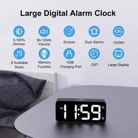 HOMVILLA Digital Alarm Clock with Adapter, 2 Alarms, USB Charging Port, 0-100% Dimmer, 90-120dB Volume, Snooze Function - Digital Clock for Desk, Bedroom, Bedside Table