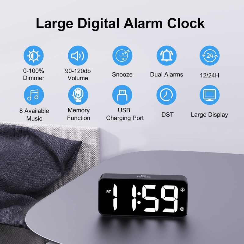 HOMVILLA Digital Alarm Clock with Adapter, 2 Alarms, USB Charging