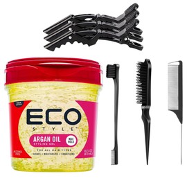 Hair Styling Bundle: Eco Style Moroccan Argan Oil Styling Gel 473ml, 3 Crocodile Hair Clips, 3-Piece Professional Hair Brush Set