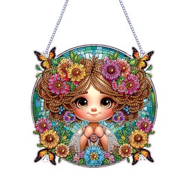 RYMILIE Diamond Art Painting Pendant Kits 5D Diamond Art Painting Art Hanging Kit Cute Little Girl DIY Diamond Crystal Window Pendant Kit for Adults Gift Wall Home Decoration