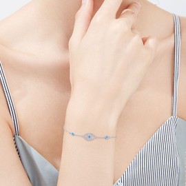 Waysles Evil Eye Bracelet 925 Sterling Silver Adjustable Turkish Blue Evil Eye Bracelet with CZ Evil Eye Lucky Charm Jewellery for Women Girls 7 + 2 inches, Sterling Silver