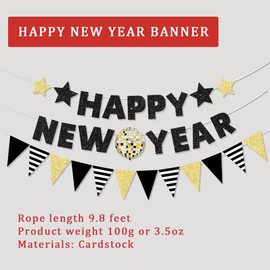 Happy New Year Banner, Cardstock Banner for Eve Party Decor, Black, Golden, Glitter Letter Flag Star for 2026 New Year Party Decoration Photo Sign Prop