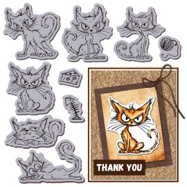 GLOBLELAND Cute Angry Cat Rubber Stamp 8.66x7inch Funny Sketch Cat EVA Cling Mount Stamps Fish Bone Yarn Rubber Stamp Set for Card Making Photo Album Decor Decoration DIY Scrapbooking