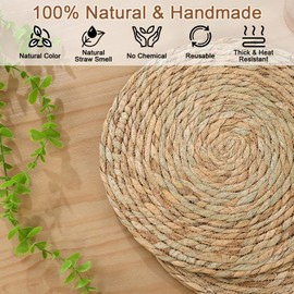 SHACOS 12 inch Round Boho Rattan Placemats Set of 8 Natural Straw Hand Woven Place Mats Rustic Water Hyacinth Wicker Table Mats Plate Chargers Wedding Party Dining Table Decor