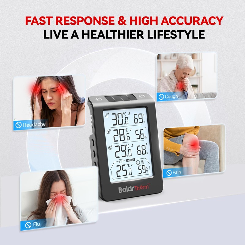 BaldrTherm Solar Outdoor Thermometer, Wireless Temperature & Humidity Monitor with