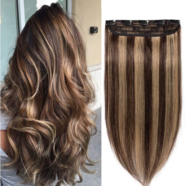 S-noilite Clip-In Human Hair Extensions, 1 Piece, 5 Clips, Remy Clip-In Extensions, Real Hair (20 cm - 40 g, #4/27 Medium Brown/Dark Blonde)
